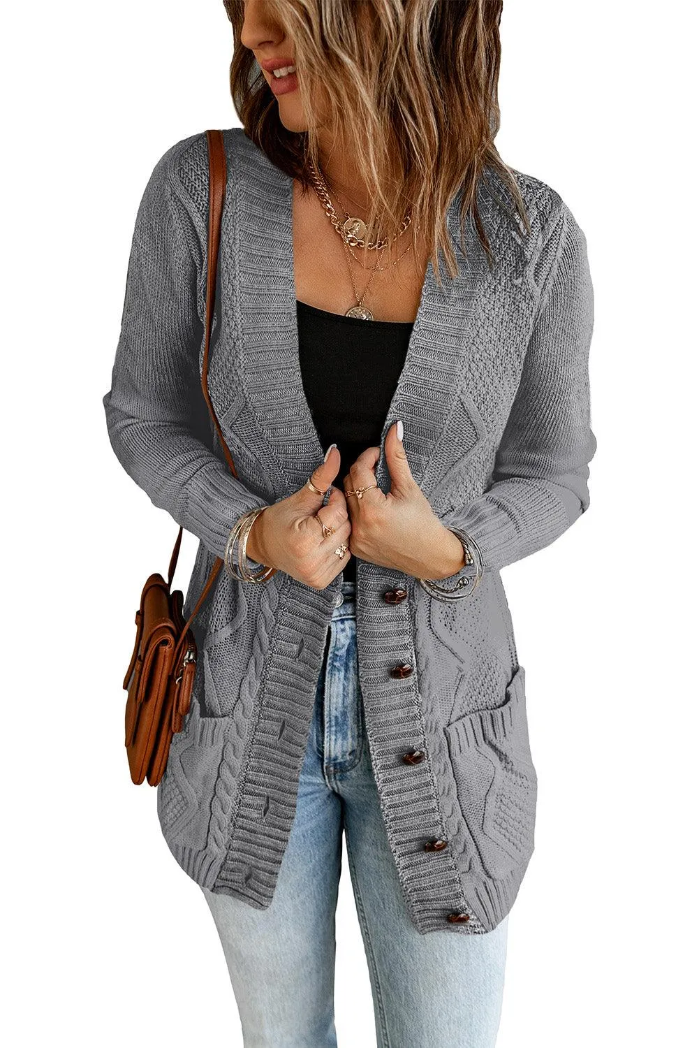 Blue Front Pocket and Buttons Closure Cardigan