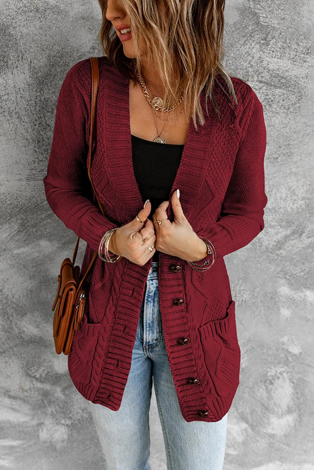 Blue Front Pocket and Buttons Closure Cardigan