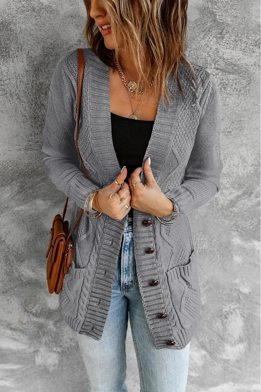 Blue Front Pocket and Buttons Closure Cardigan