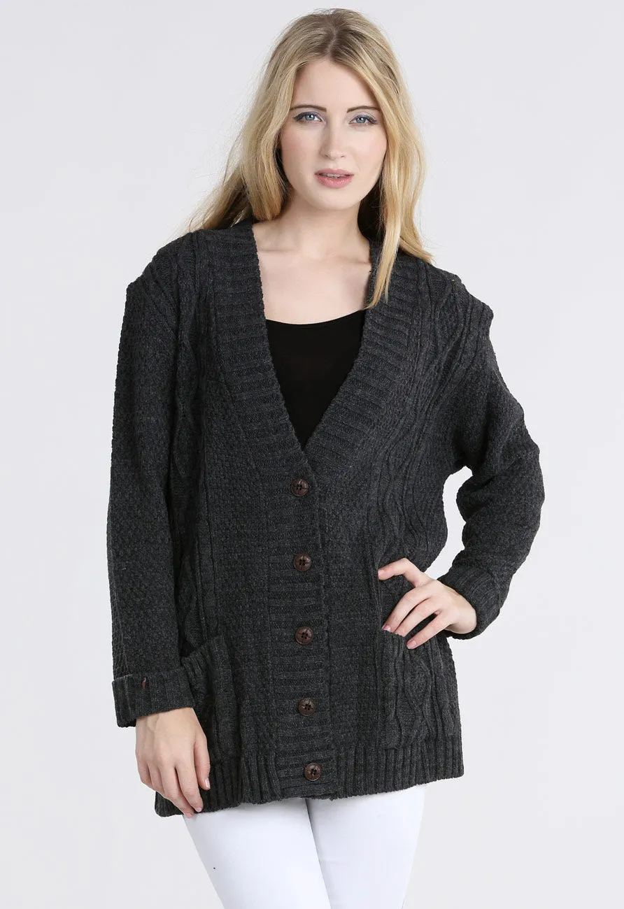 Charcoal Chunky Cable Knit Pocket Cardigan