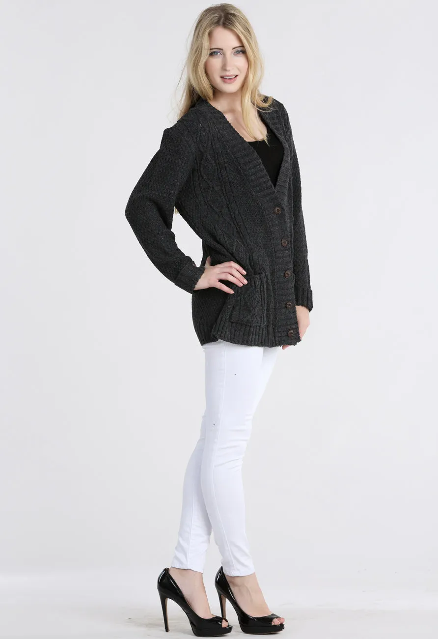 Charcoal Chunky Cable Knit Pocket Cardigan