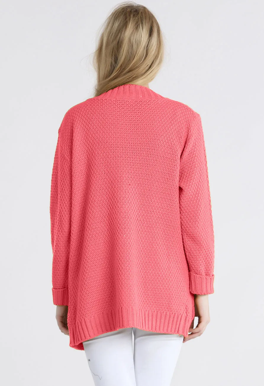 Coral Chunky Cable Knit Pocket Cardigan