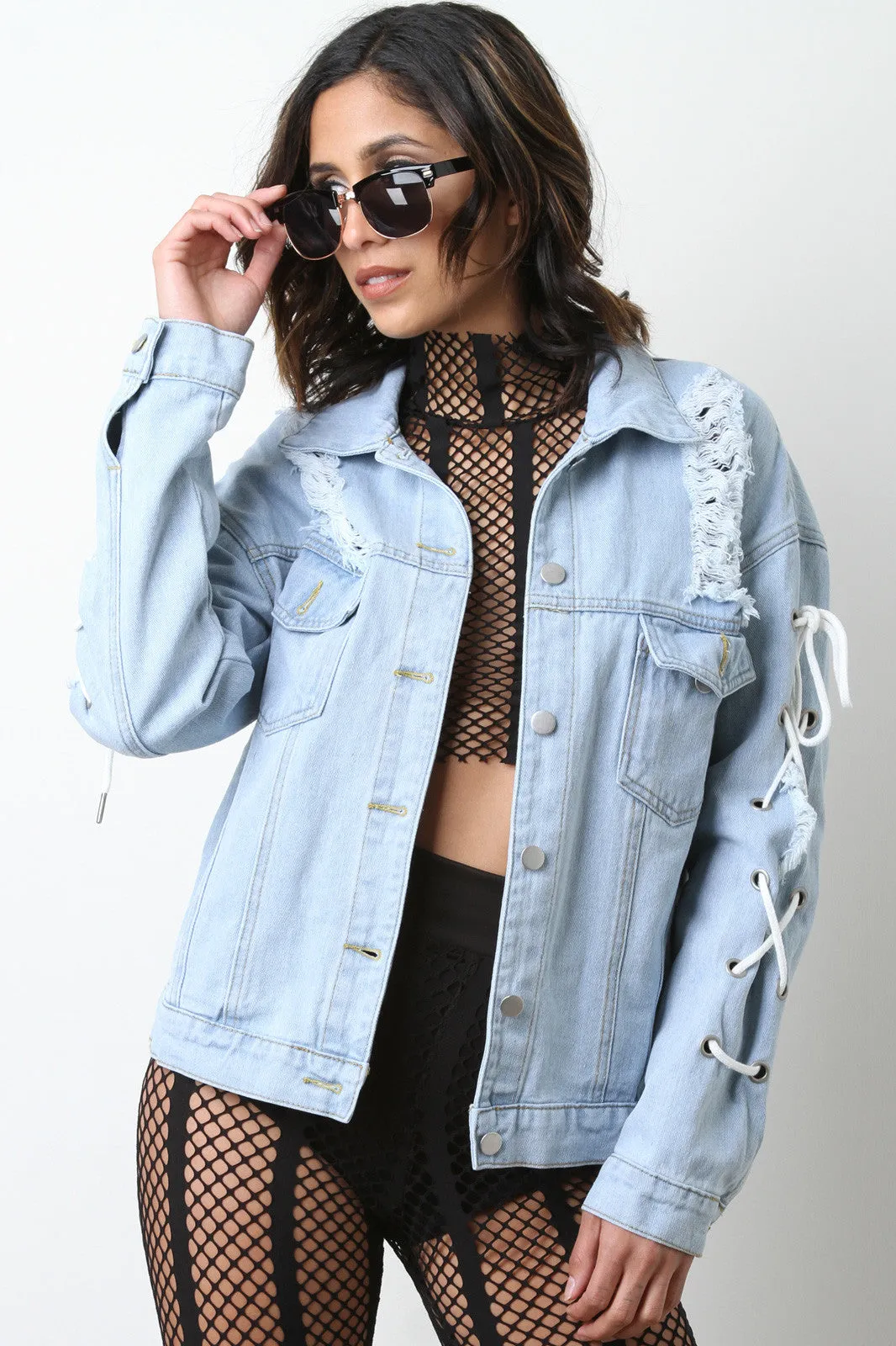 Drawstring Lace Up Denim Jacket