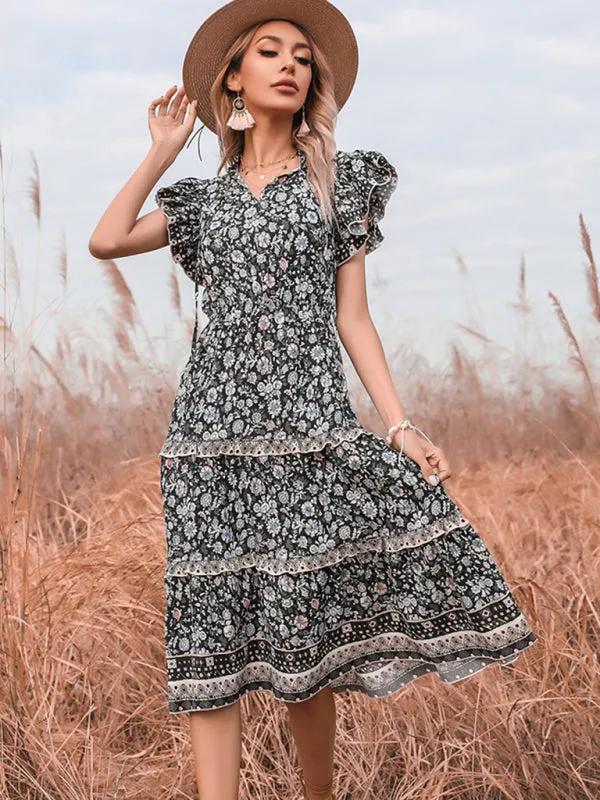 Effortless Charm: Women's Casual Floral Dress with Butterfly Sleeves