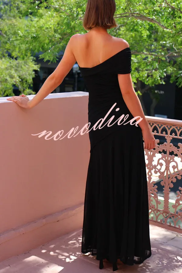 Effortless Elegance Mesh Off Shoulder Ruched Stretch Maxi Dress