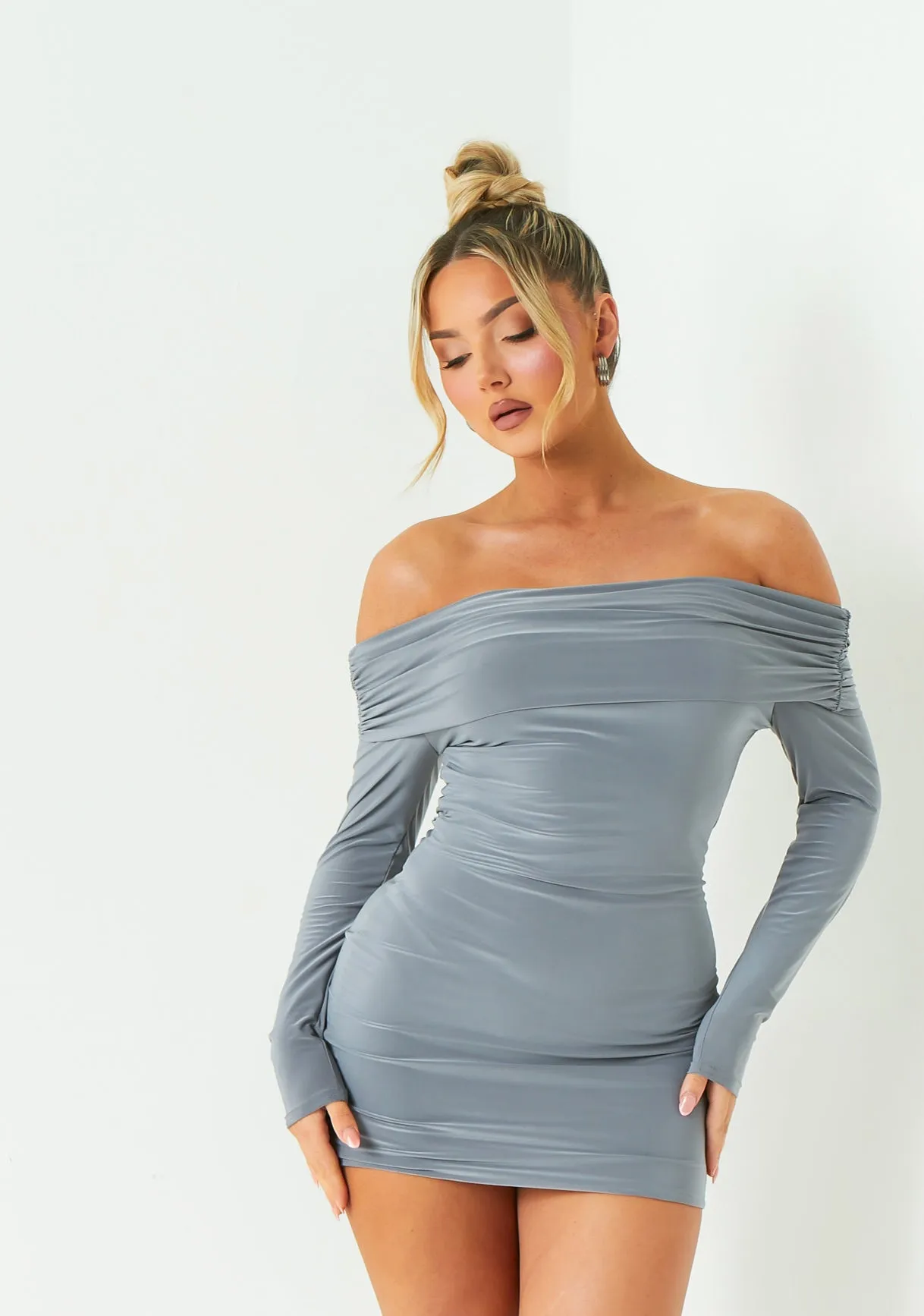 Elle Charcoal Fold Down Long Sleeve Bardot Dress