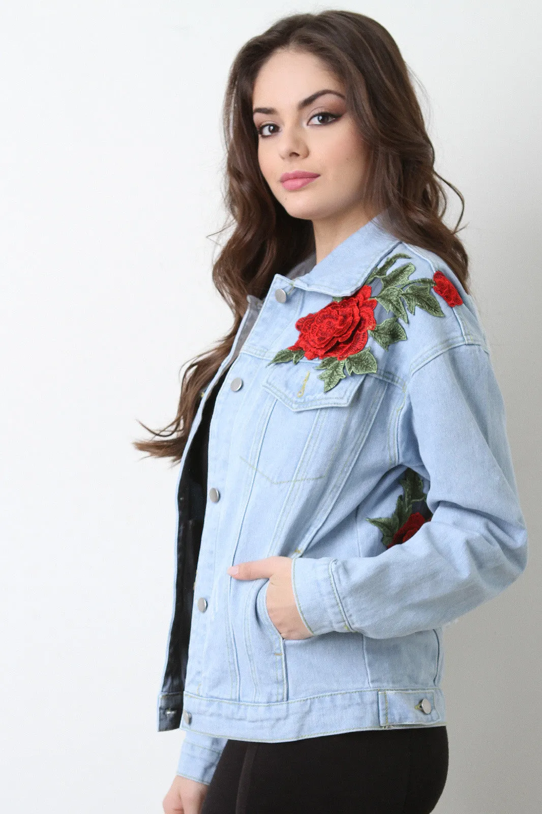 Floral Embroidery Patch Denim Jacket