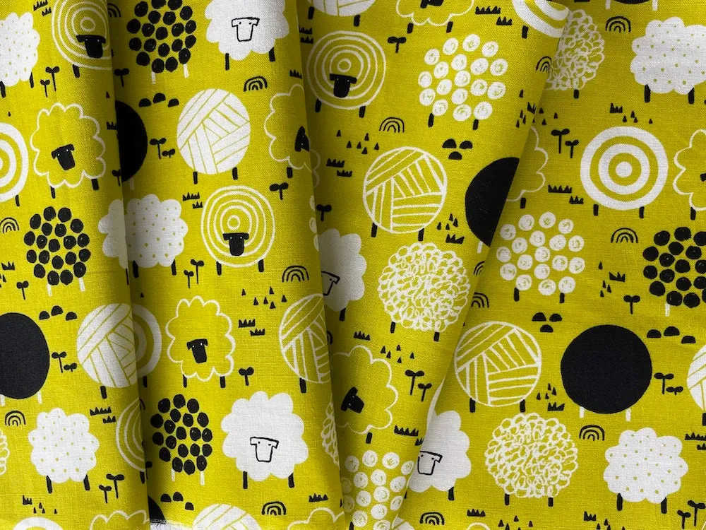 Geko Yellow Roly-Poly Sheep & Balls of Yarn Quilting Cotton (Made in Japan)