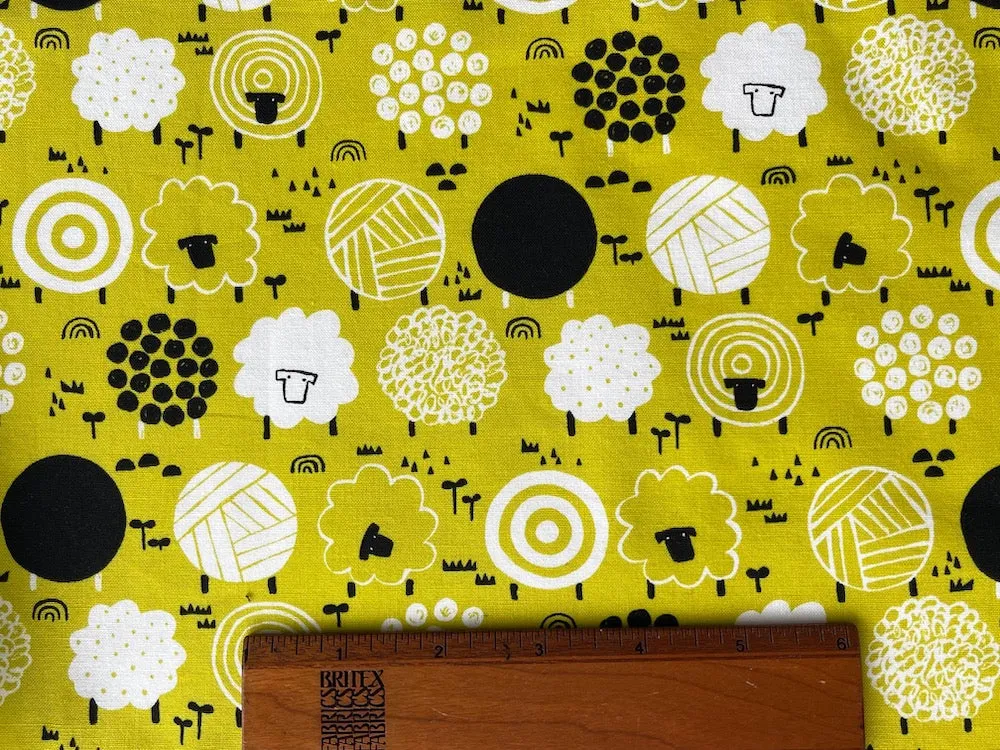 Geko Yellow Roly-Poly Sheep & Balls of Yarn Quilting Cotton (Made in Japan)