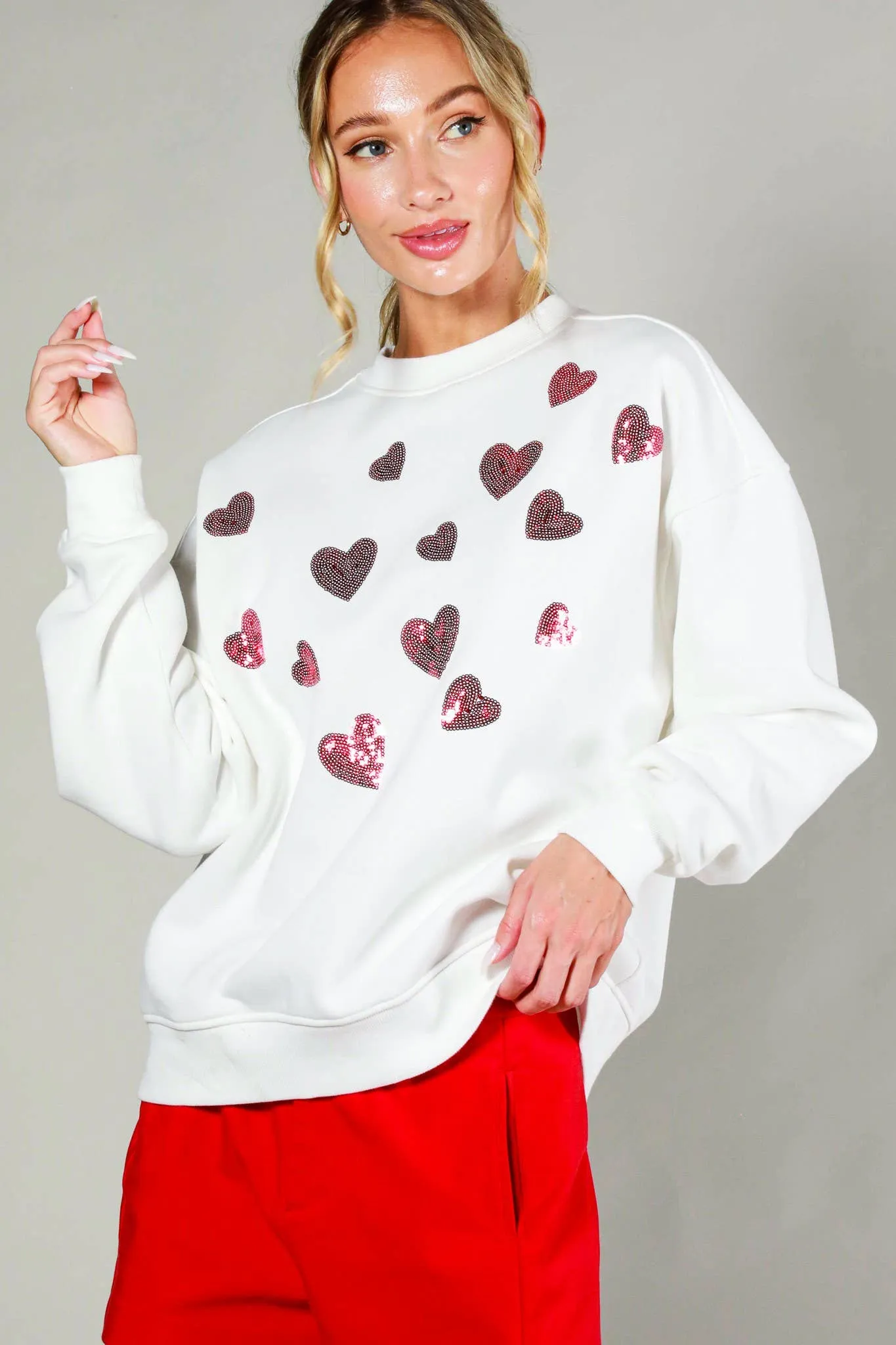 Hearted sequin detail sweatshirts  White Red Heart Sequins