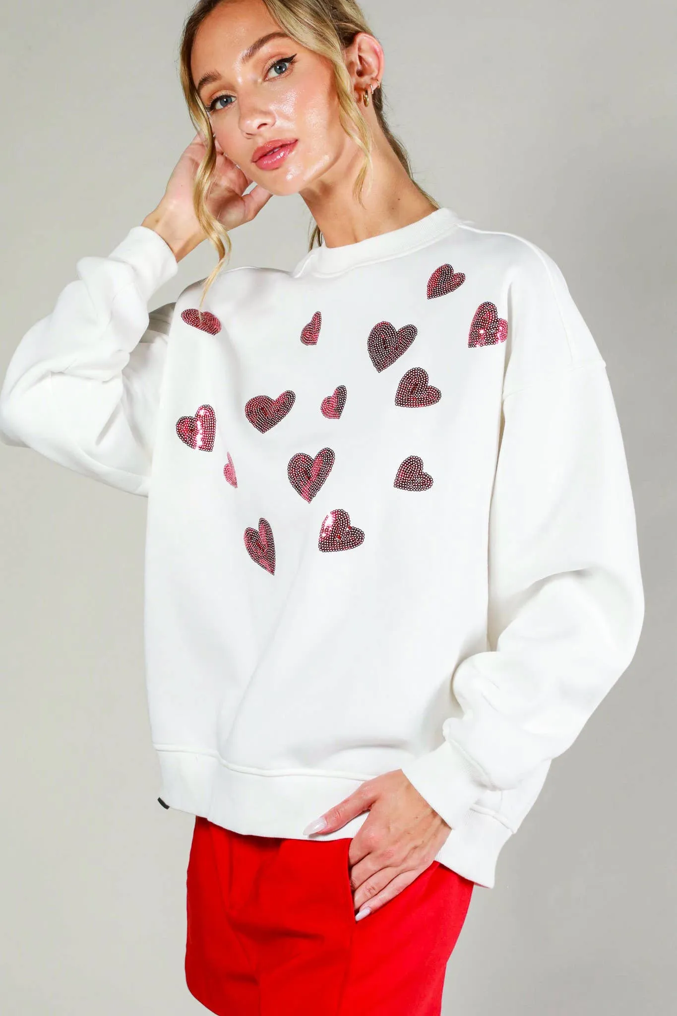 Hearted sequin detail sweatshirts  White Red Heart Sequins