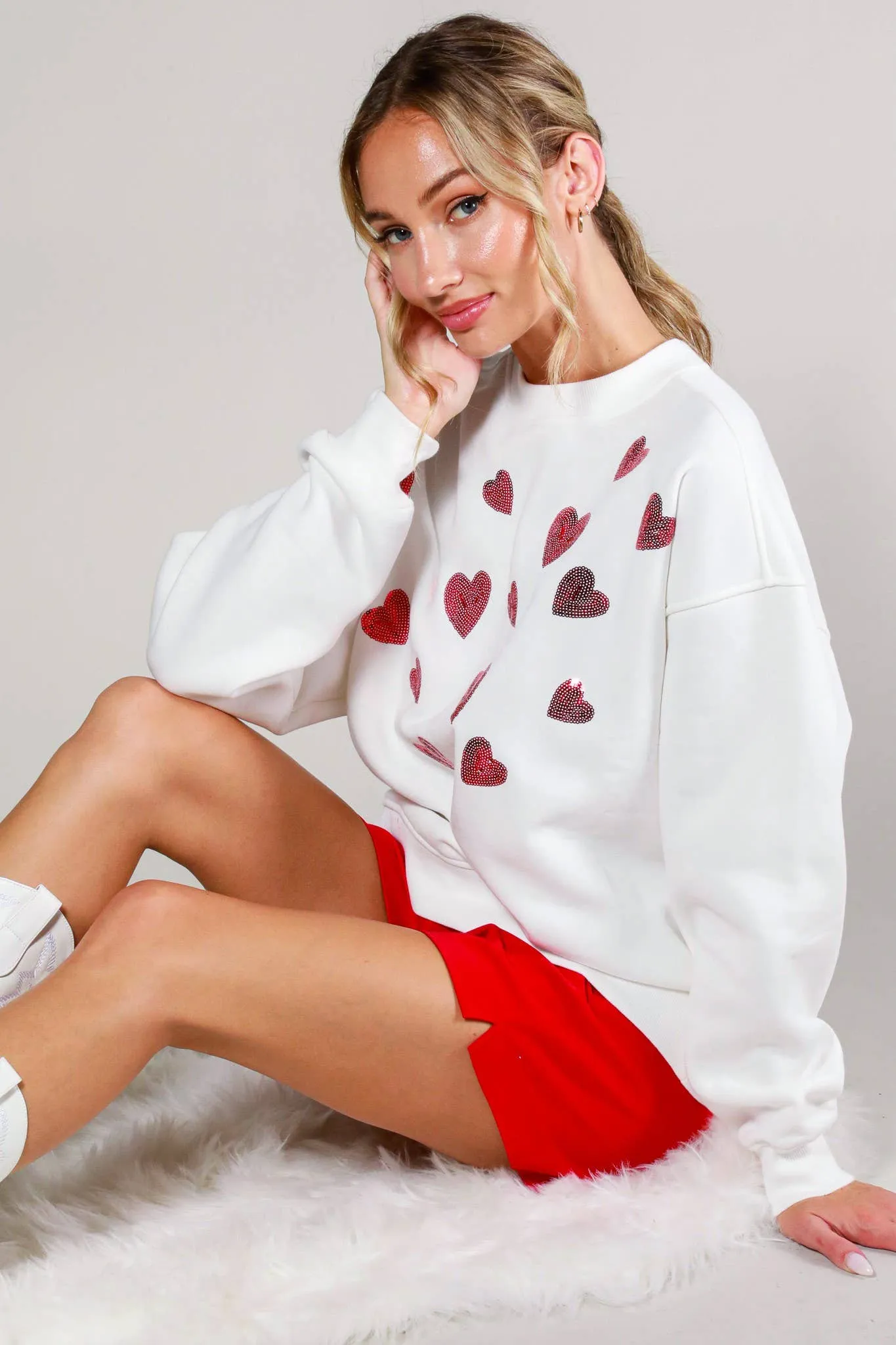 Hearted sequin detail sweatshirts  White Red Heart Sequins