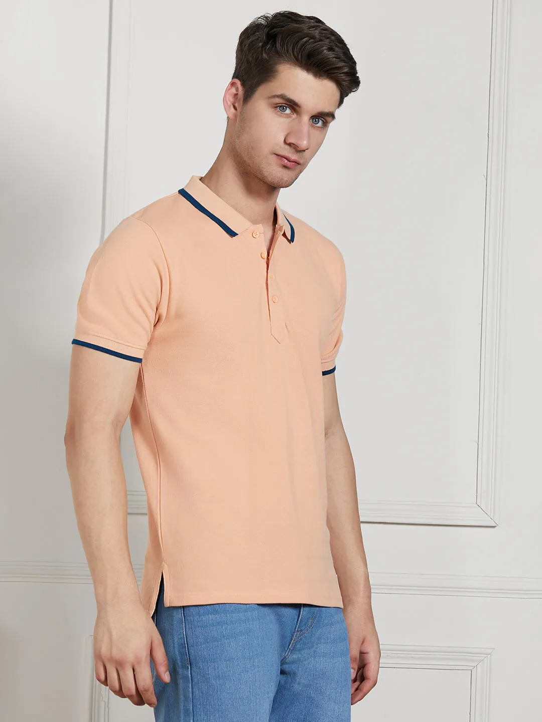 Men's Peach Cotton Regular Fit Polo T-Shirt