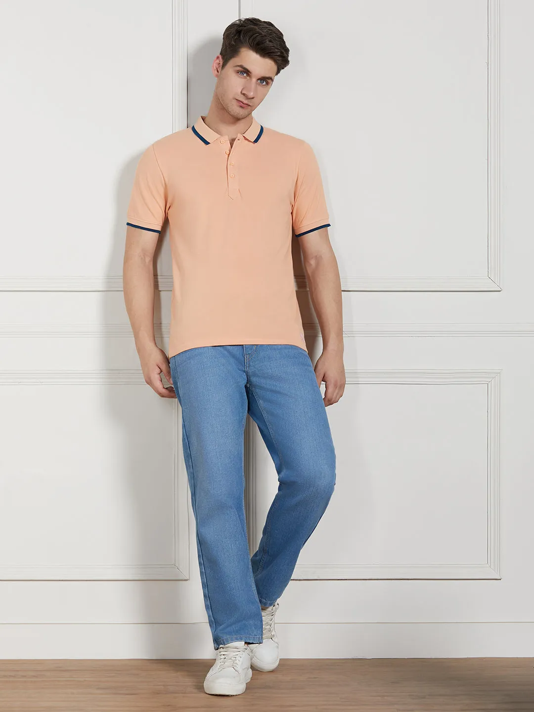 Men's Peach Cotton Regular Fit Polo T-Shirt