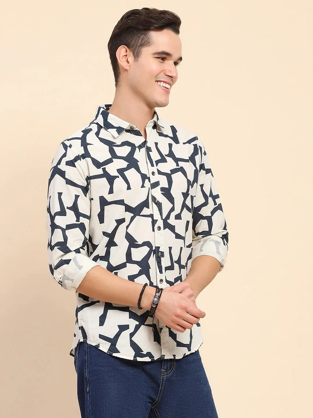 Navy & Off-white Cotton Blend Abstract Print Casual Shirt