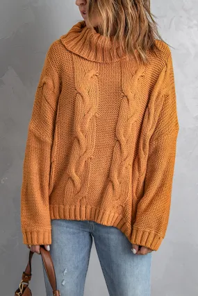 New Yellow Handmade Cable Knit Turtleneck Sweater