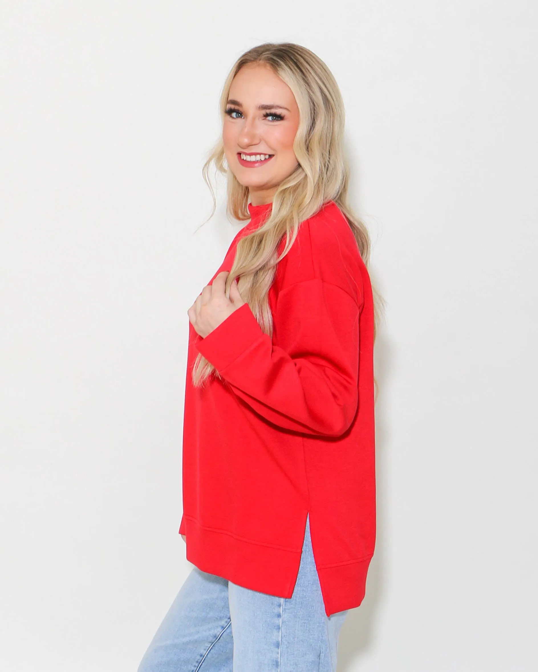 Red Solid Mock Neck Sweatshirts Top