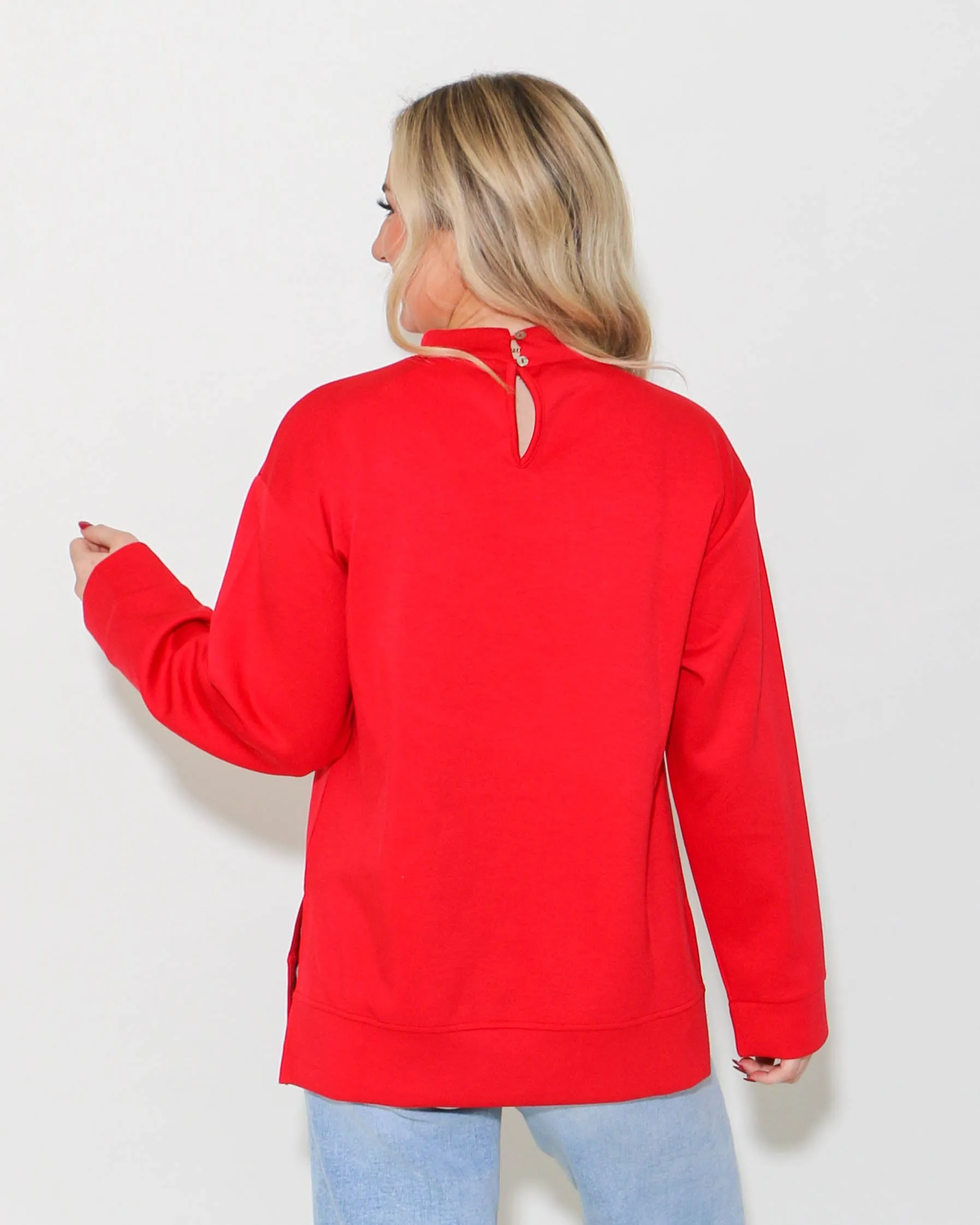 Red Solid Mock Neck Sweatshirts Top