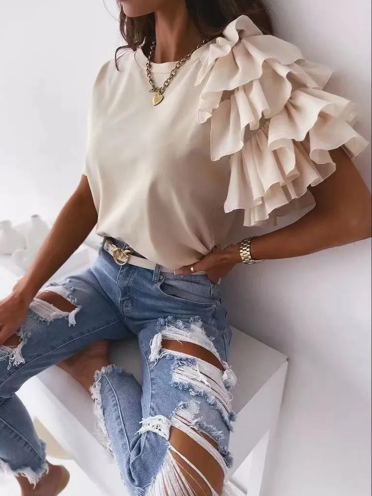 Simple Fashion Ruffles Sleeve Round Neck Blouses