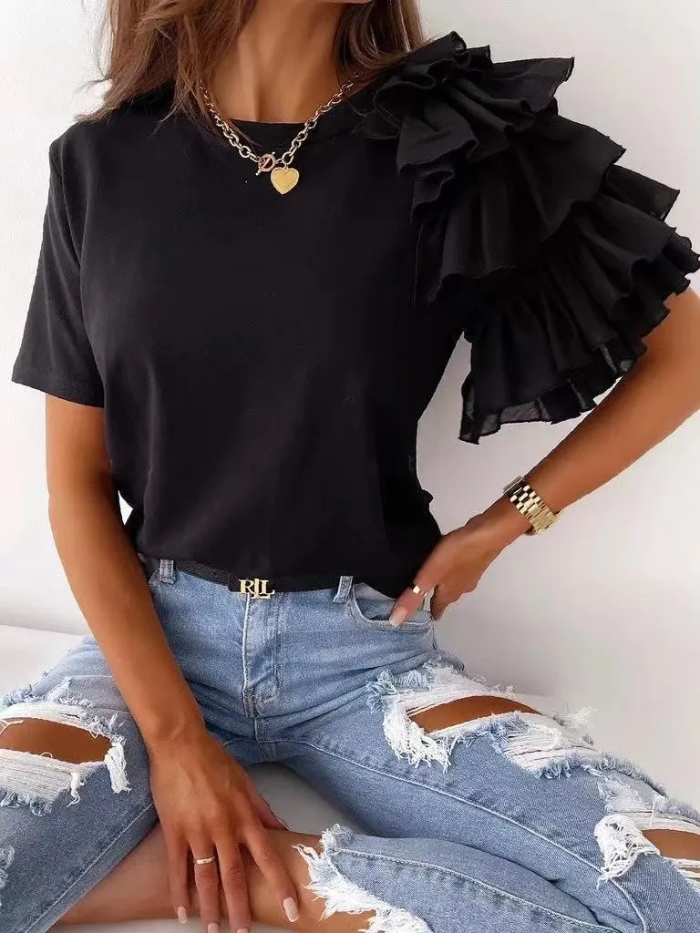 Simple Fashion Ruffles Sleeve Round Neck Blouses