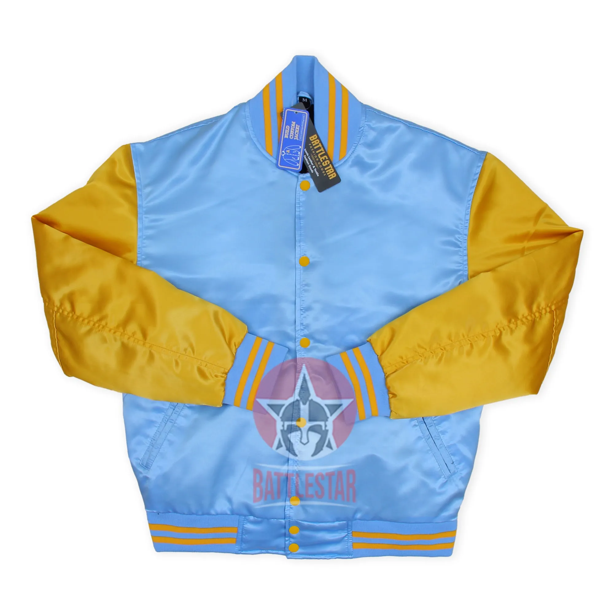 Sky Blue Gold Satin Varsity Baseball Letterman jacket