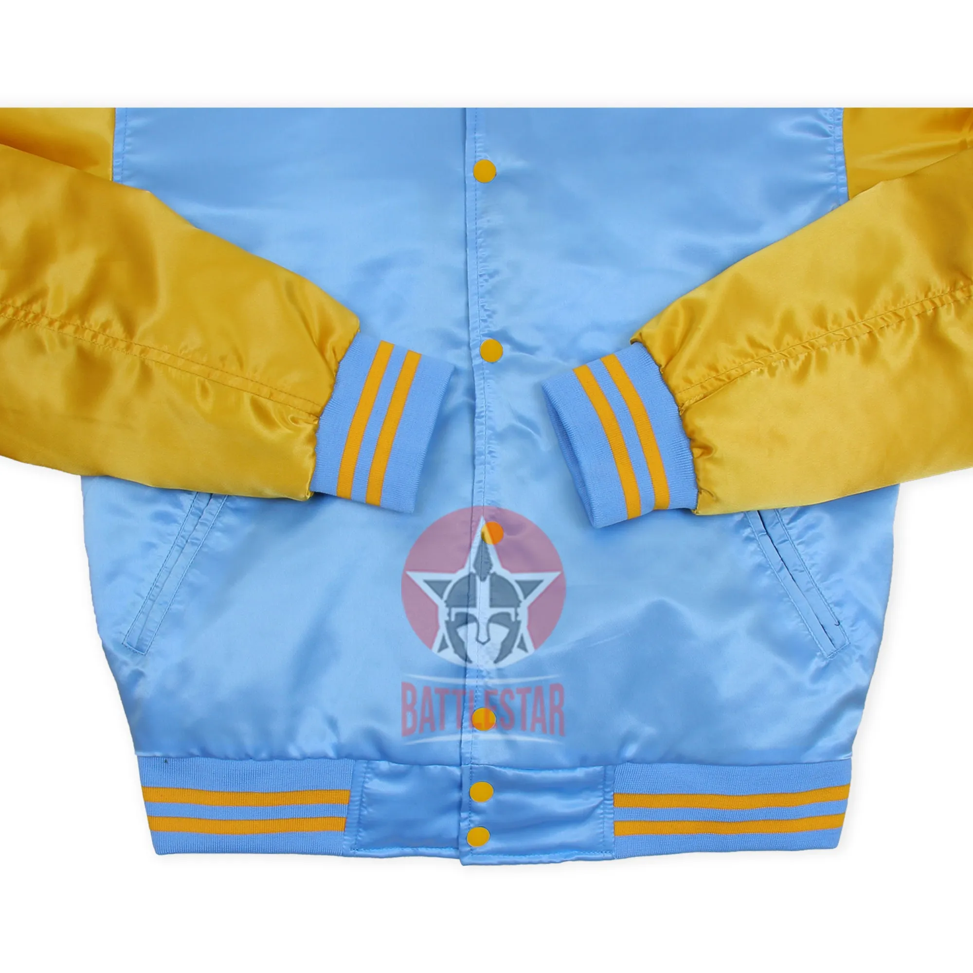 Sky Blue Gold Satin Varsity Baseball Letterman jacket