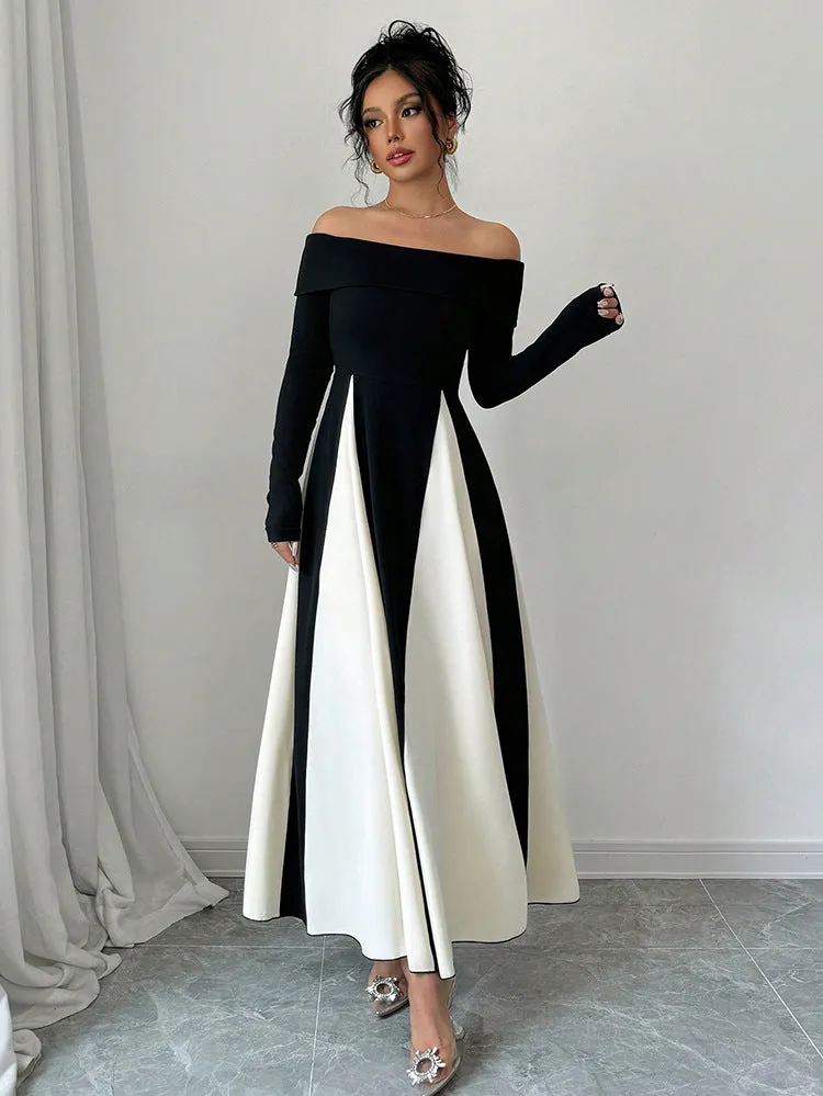 U-neck black & white maxi dress