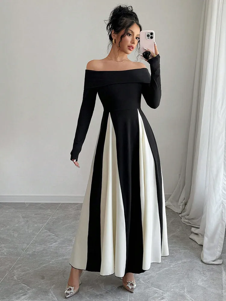 U-neck black & white maxi dress