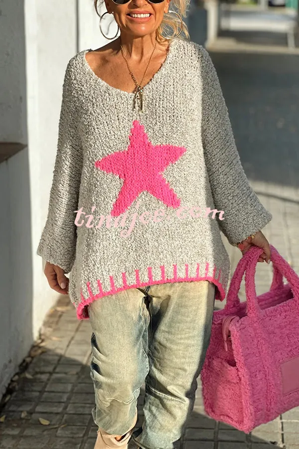 Warm Winter Day Texture Knit Star Pattern Contrast Color Loose Sweater