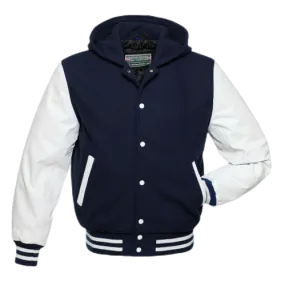 Warrior Gears Classic Varsity Jacket with Hood University Letterman Bomber Jacket- Navy Blue Pure Wool Body & White Real Leather Sleeves