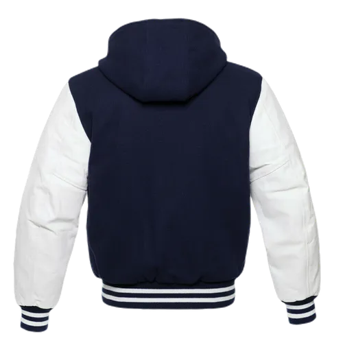 Warrior Gears Classic Varsity Jacket with Hood University Letterman Bomber Jacket- Navy Blue Pure Wool Body & White Real Leather Sleeves