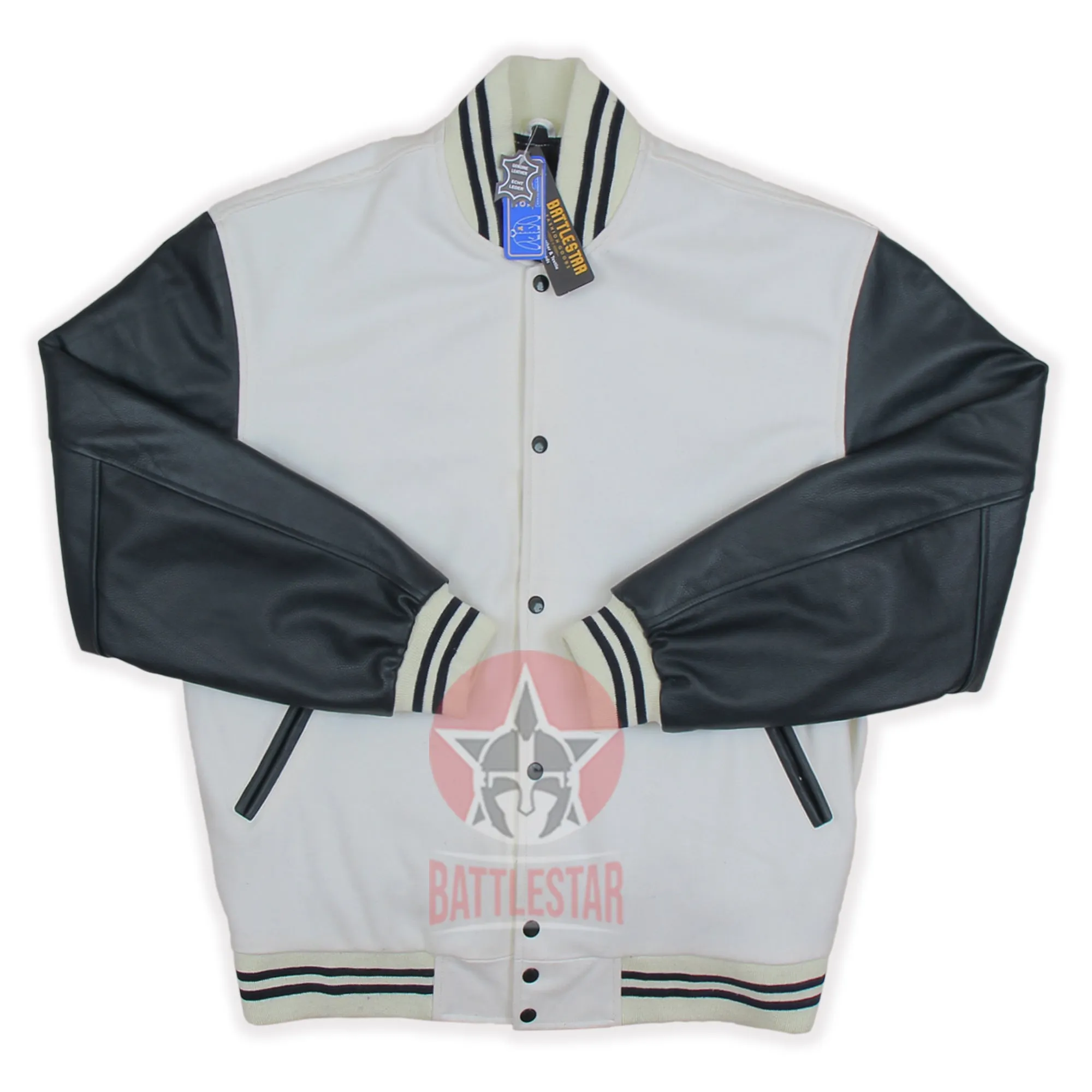 White Wool Black Leather Sleeves Varsity Jacket