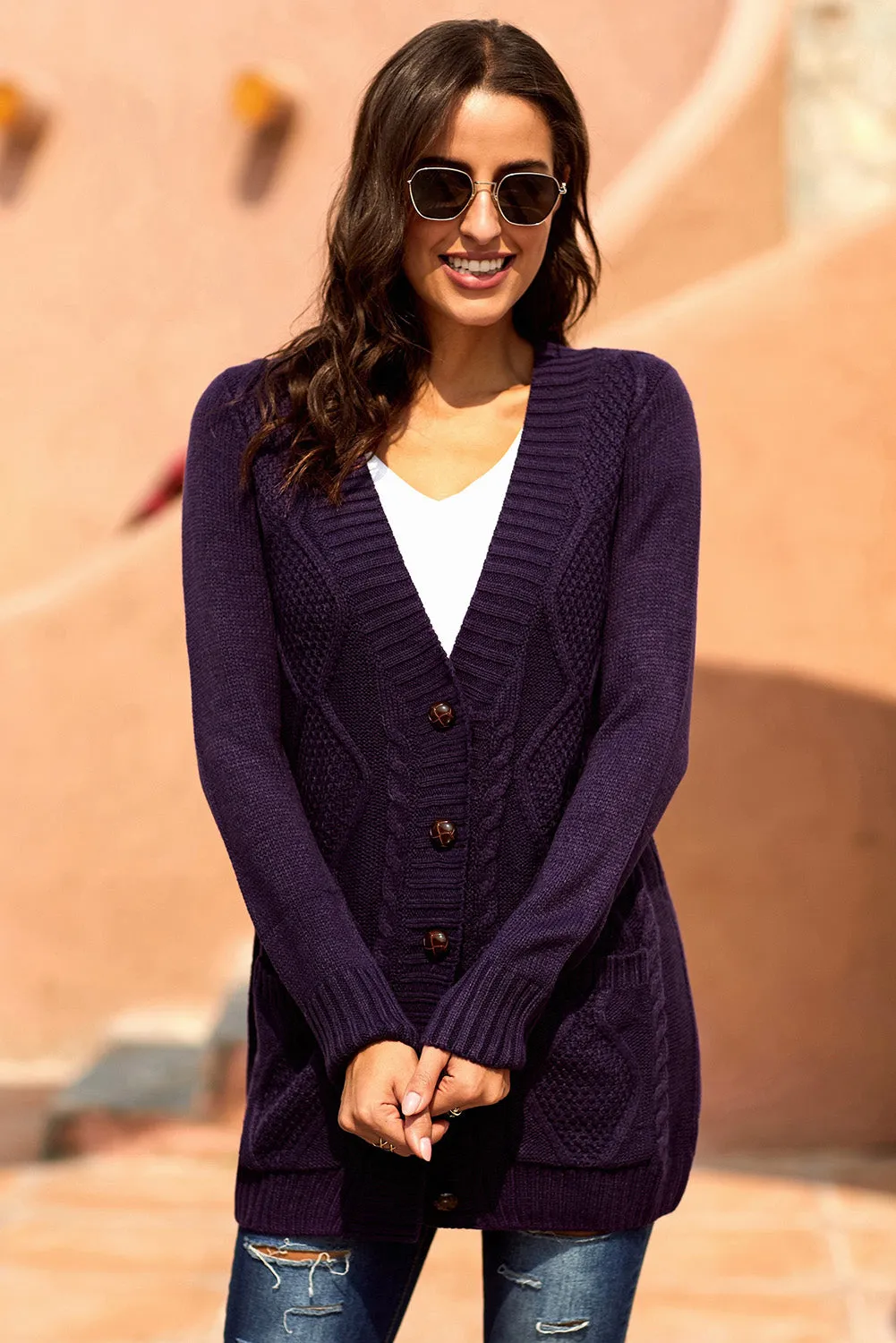 Women Purple Front Pocket And Buttons Closure Cardigan