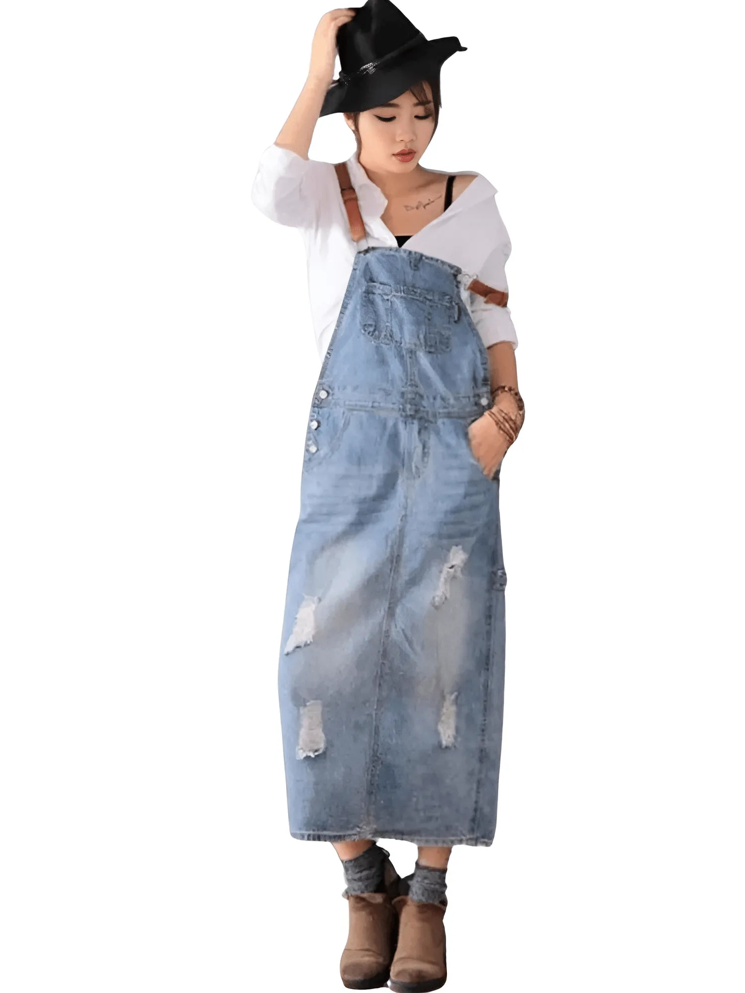 Women's Loose Denim Dress Ladies Bleached Holes Denim Dress Female Ripped Vintage Denim Dresses