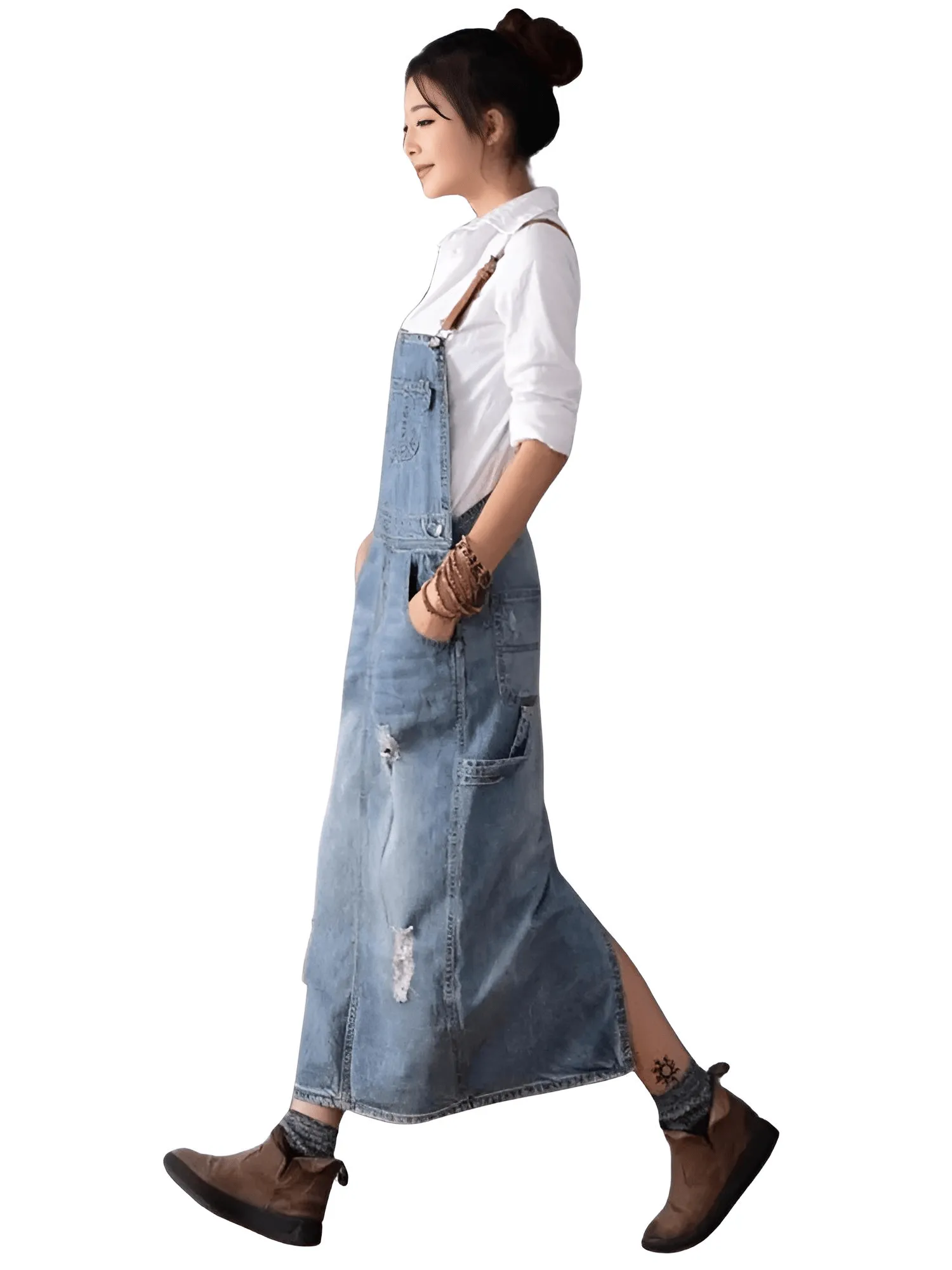 Women's Loose Denim Dress Ladies Bleached Holes Denim Dress Female Ripped Vintage Denim Dresses