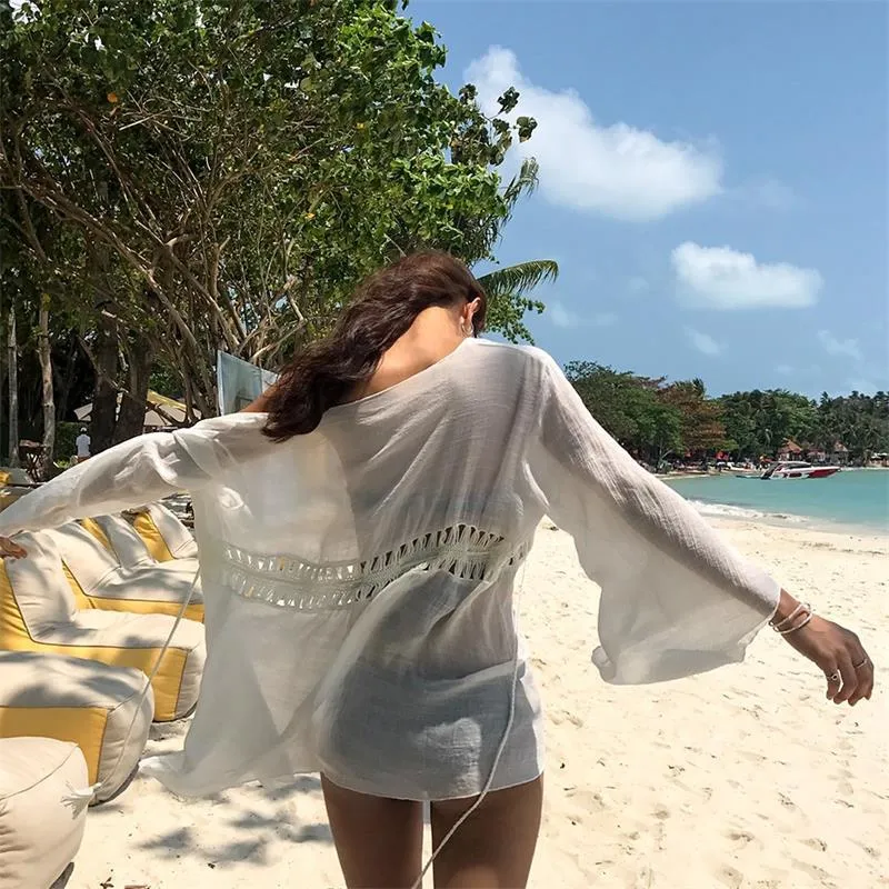 Women's Spring Bathing Outer Wear Hollow Seaside Beach Vacation Blouses